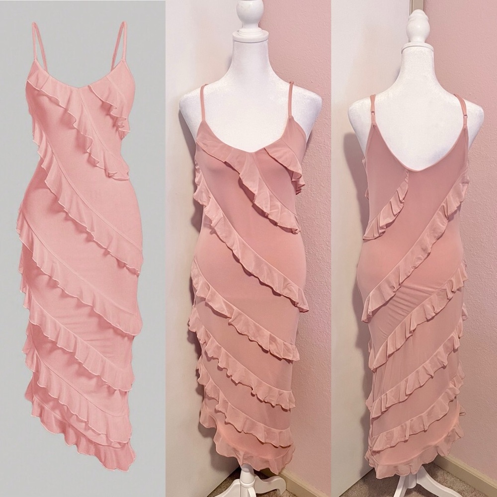 Mod Pink Ruffle Tiered Midi Length Asymmetrical Hem Dress